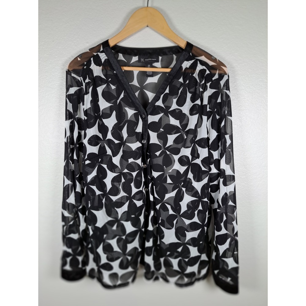 INC International Concepts Black White Floral Mesh Button Front Blouse 2X